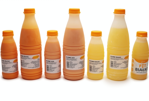 Płynne białko, żółtko lub masa z całych jaj pakowane aseptycznie w różnej pojemności butelki 